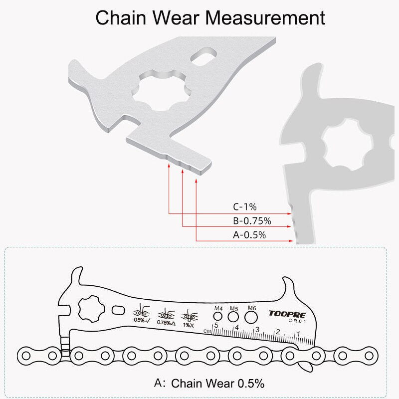 TOOPRE Bicycle Chain Checker Stainless Steel MTB Bike Chain Hook Screw Measuring Ruler Wear Gauge Calipers Multifunction