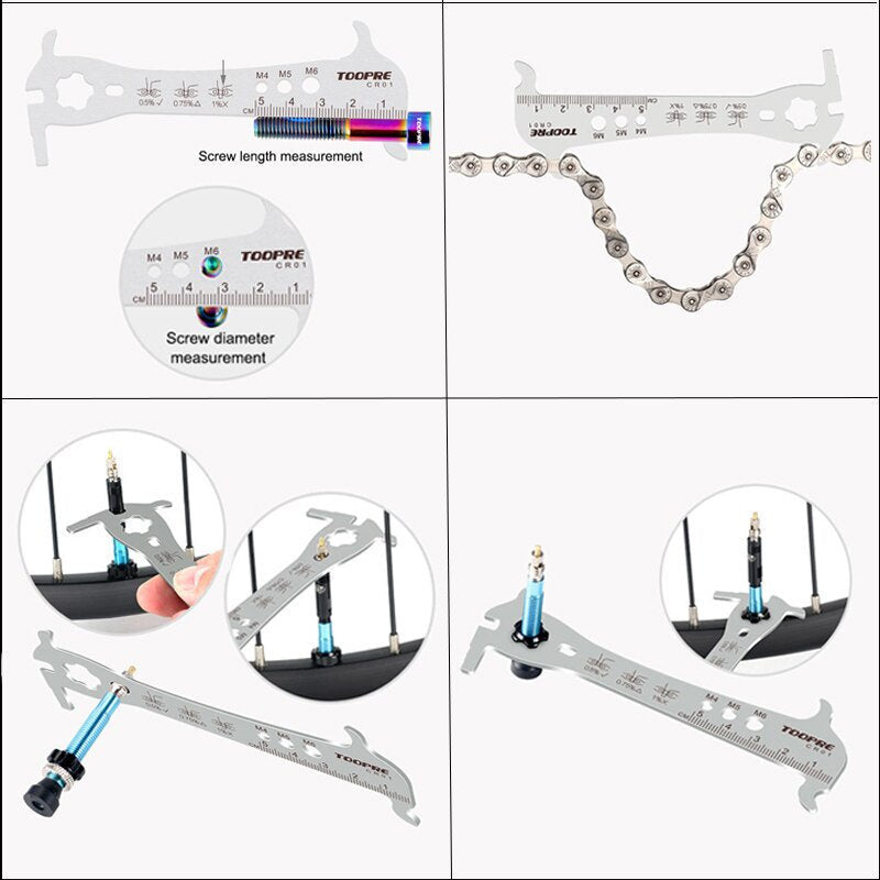 TOOPRE Bicycle Chain Checker Stainless Steel MTB Bike Chain Hook Screw Measuring Ruler Wear Gauge Calipers Multifunction
