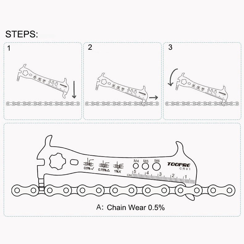 TOOPRE Bicycle Chain Checker Stainless Steel MTB Bike Chain Hook Screw Measuring Ruler Wear Gauge Calipers Multifunction