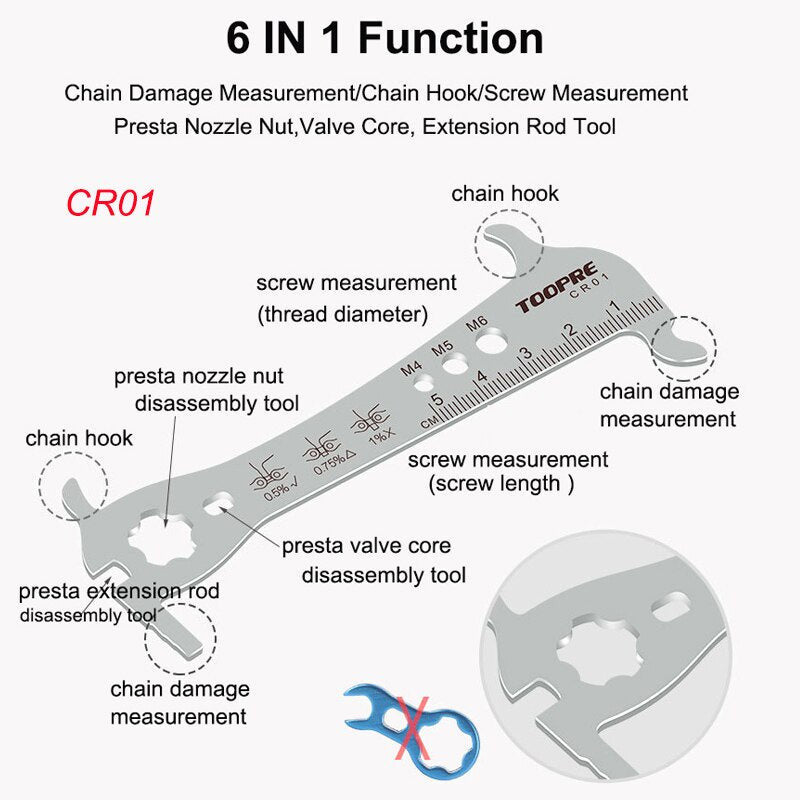 TOOPRE Bicycle Chain Checker Stainless Steel MTB Bike Chain Hook Screw Measuring Ruler Wear Gauge Calipers Multifunction